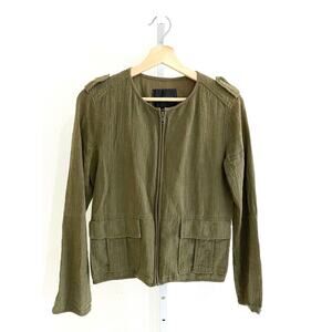 SANCTUARY XS Full Zip Jacket Textured Utility Lightweight Collarless Olive Green
